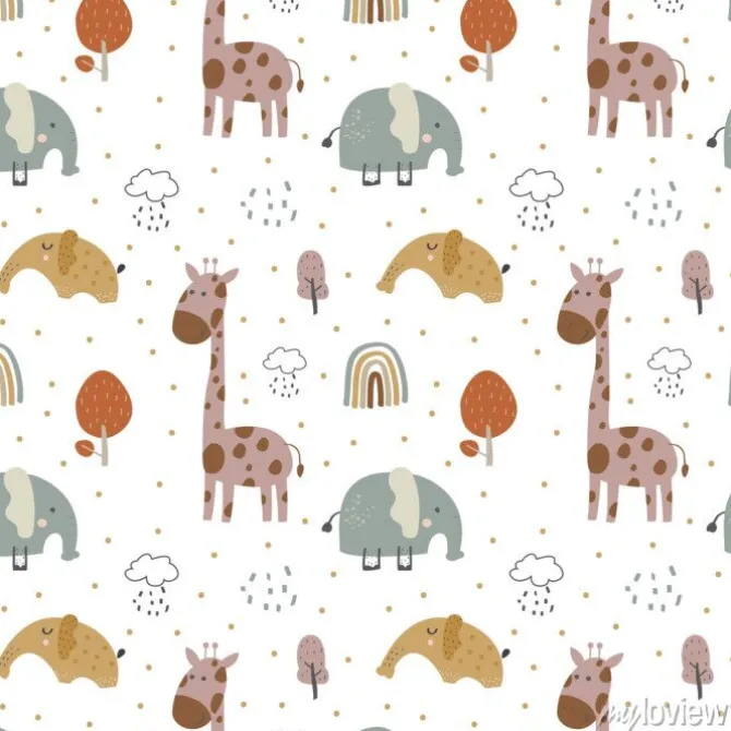 Tapeta: Giraffe and elephant baby cute seamless pattern