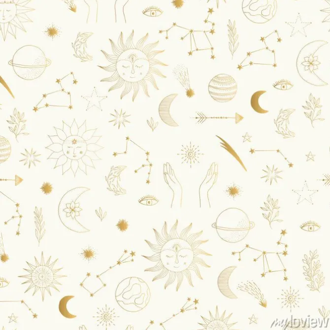 Tapeta: Gold foil pattern with cute hand drawn sun, planet, moon star.