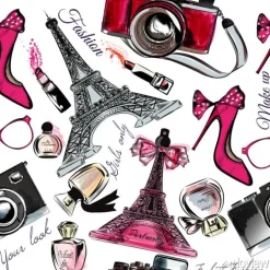 Tapeta: Grafika z wieżą eiffla aparatami perfumami i szpilkami