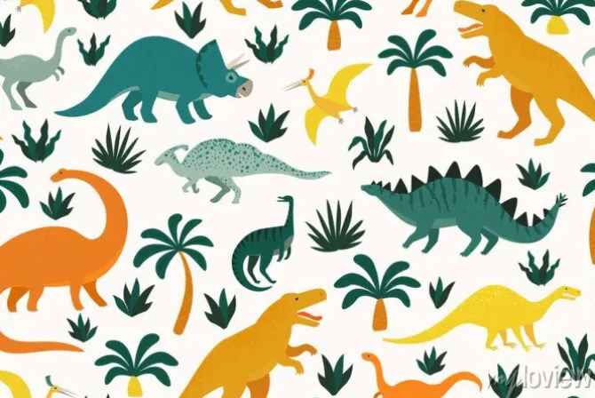 Tapeta: Hand drawn seamless pattern with dinosaurs and tropical leaves