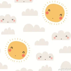 Tapeta: Hand drawn seamless vector pattern with cute sun, clouds, on
