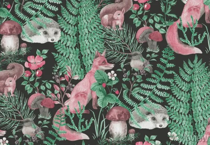 Tapeta: Hand drawn seamless pattern with watercolor forest animals and