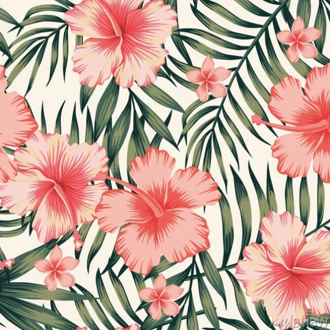 Tapeta: Hibiskus różowe liście palmowe ciemnozielony wzór