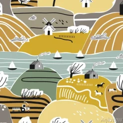 Tapeta: Ilustracja z bajkowym wiejskim pejzażem