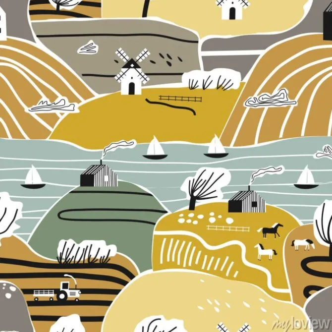 Tapeta: Ilustracja z bajkowym wiejskim pejzażem