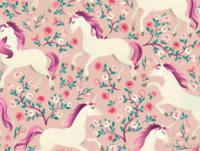 Tapeta: Ilustracja z jednorożców z różowymi grzywami na kwiatowym tle