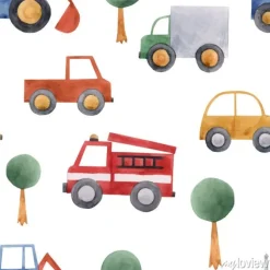 Tapeta: Ilustracja z kolorowymi autami i drzewami na białym tle