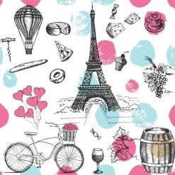 Tapeta: Ilustracja z wieżą eiffla i francuskimi symbolami