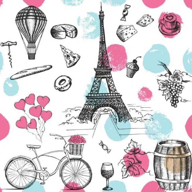 Tapeta: Ilustracja z wieżą eiffla i francuskimi symbolami