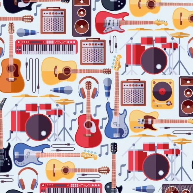 Tapeta: Instrumenty muzyczne bezszwowe tło wektor