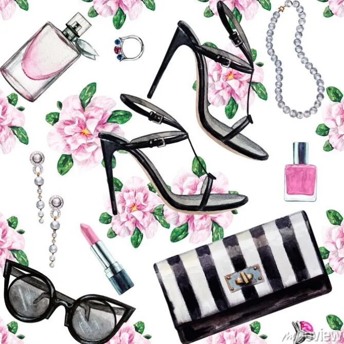 Tapeta: Jednolite wzór akwarela z różnymi akcesoriami kobiet