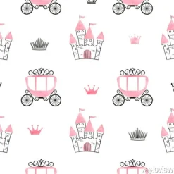 Tapeta: Jednolite wzór księżniczka z zamków, koron i powozów. tło wektor.