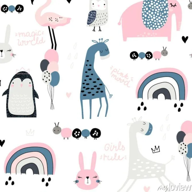 Tapeta: Jednolity wzór dziecinny z cute giragge, pingwina, tęczy, słonia,