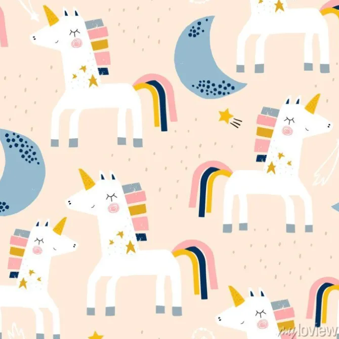 Tapeta: Jednolity wzór dziecinna z słodkie jednorożce i księżyce. kreatywna
