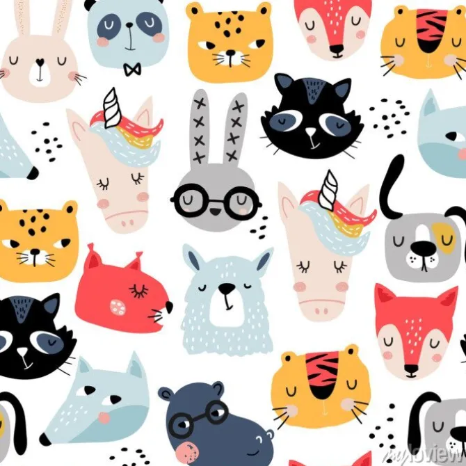 Tapeta: Jednolity wzór dziecinna z śmieszne twarze zwierząt. kreatywna