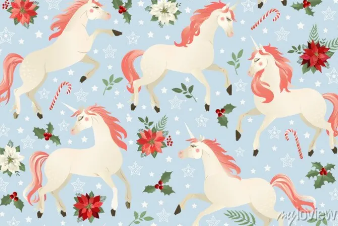 Tapeta: Jednorożce na boże narodzenie tle kwiatów. wzór.