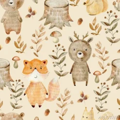 Tapeta: Jesienne zwierzęta lasu dziecięcy wzór