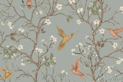 Tapeta: Kolibry gałązki i kwiaty w stylu retro