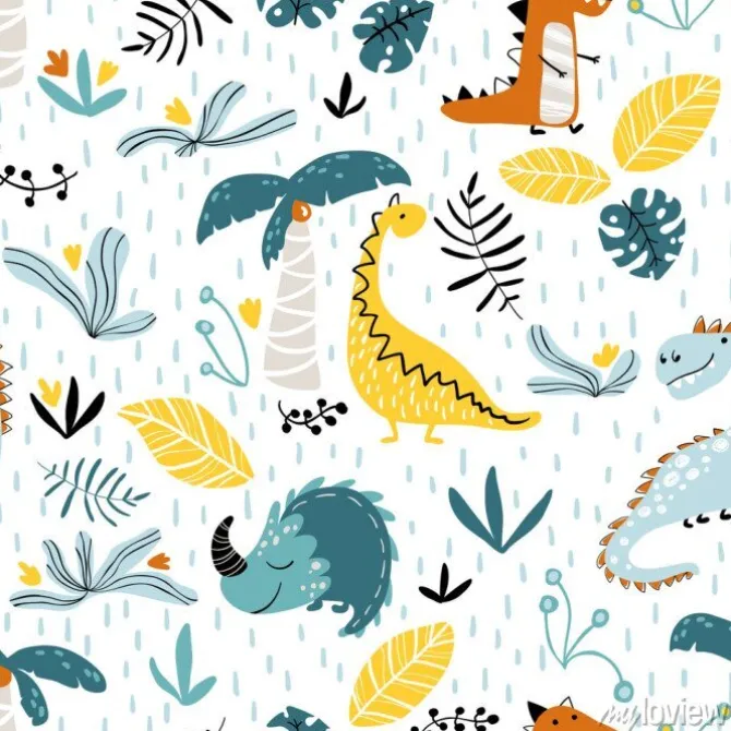 Tapeta: Kolorowe dinozaury i liście w stylu dziecięcym