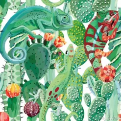 Tapeta: Kolorowe kameleony wśród egzotycznych kaktusów