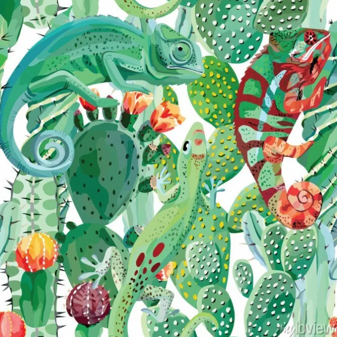 Tapeta: Kolorowe kameleony wśród egzotycznych kaktusów