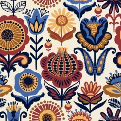 Tapeta: Kolorowy wzór ludowy z dużymi stylizowanymi kwiatami