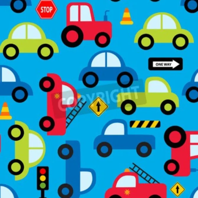 Tapeta: Kolorowych zabawkarskich pojazdów bezszwowy wzór dla tkanina