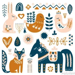 Tapeta: Kompozycja ze zwierzętami ludowymi i elementami dekoracyjnymi.