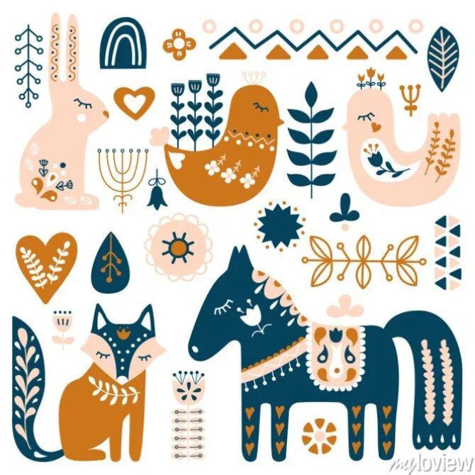 Tapeta: Kompozycja ze zwierzętami ludowymi i elementami dekoracyjnymi.