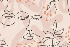 Tapeta: Konturowe twarze i liście na beżowym tle abstrakcja
