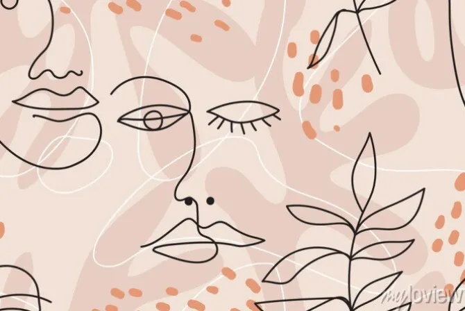 Tapeta: Konturowe twarze i liście na beżowym tle abstrakcja