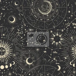 Tapeta: Kosmiczne symbole i fazy księżyca na ciemnym tle