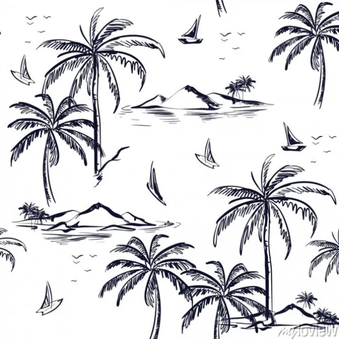 Tapeta: Krajobraz z drzew palmowych, plaży i oceanu wektor ręcznie rysowane