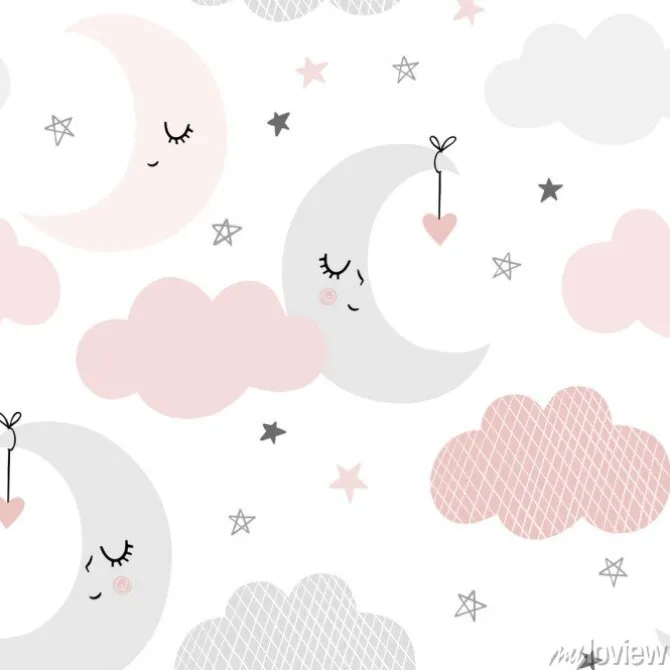 Tapeta: Księżyce i chmurki na pastelowym wzorze