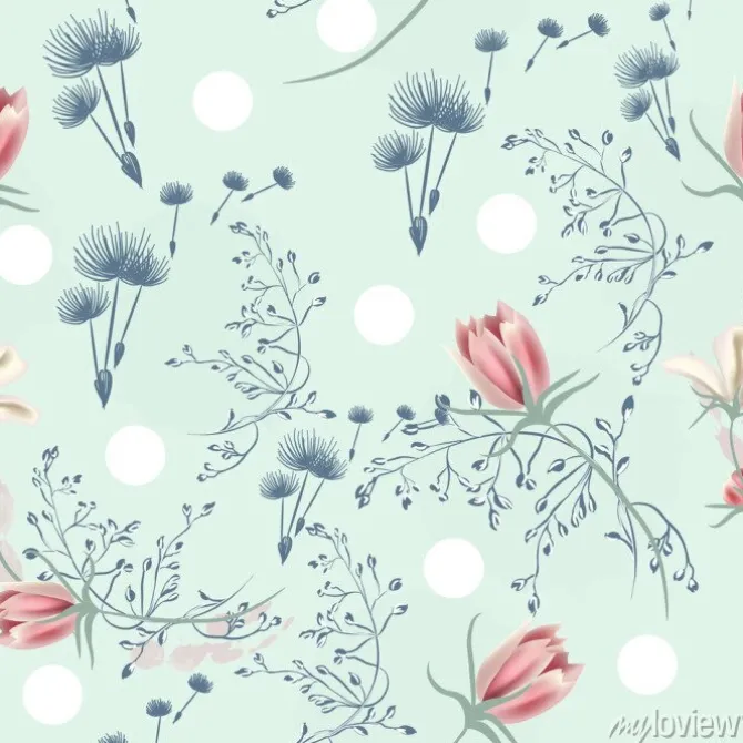 Tapeta: Kwiatowy bezszwowe wektor wzór z mniszek lekarski i różowe kwiaty