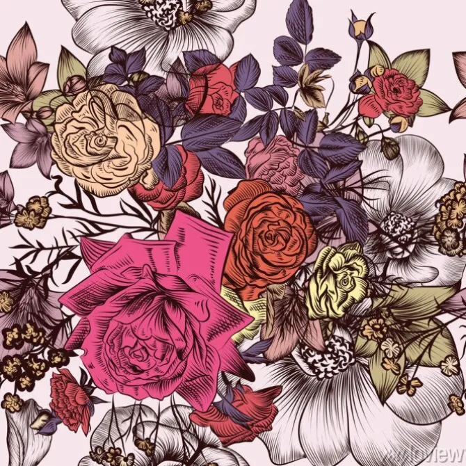 Tapeta: Kwiatowy wzór z ręcznie grawerowane kwiaty w stylu vintage