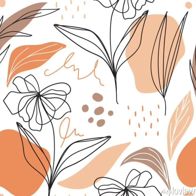 Tapeta: Kwiaty i liście na tle plam w stylu rysunkowym