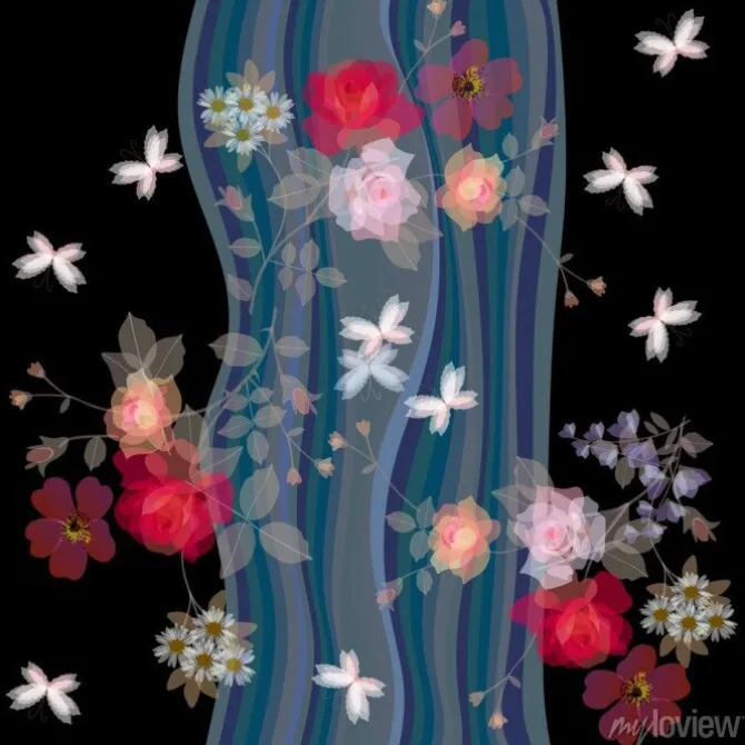 Tapeta: Kwiaty i motyle na tle wodospadu. stylizowany krajobraz nocny.