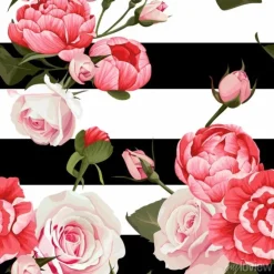 Tapeta: Kwiaty piwonie i róże na tle w paski