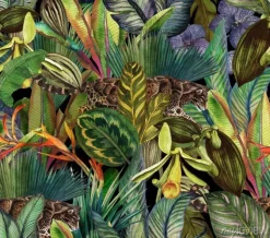 Tapeta: Lampart wśród kolorowych egzotycznych liści i kwiatów