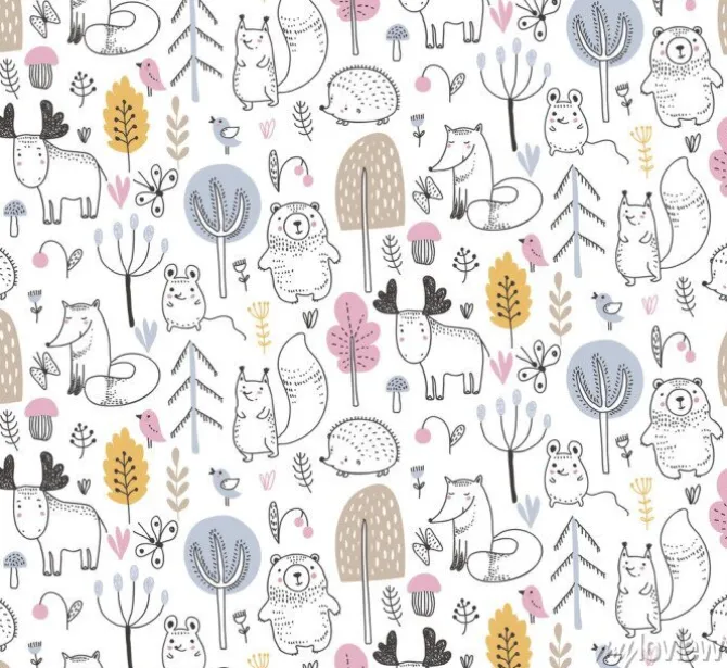 Tapeta: Las i leśne zwierzątka w stylu skandynawskim dla dzieci