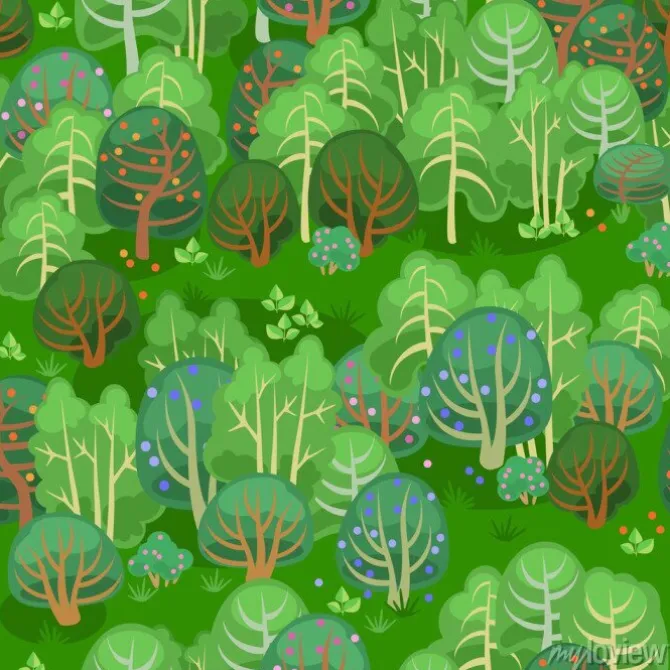 Tapeta: Las latem z jagodami / bez szwu deseń bajki lasu w lecie