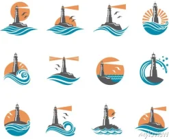 Tapeta: Latarnia projekt ikona z fal oceanu i mewy