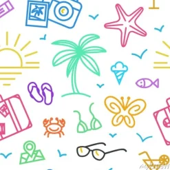 Tapeta: Letnie wakacje wzór z różnych ikon podróży w liniowym stylu.