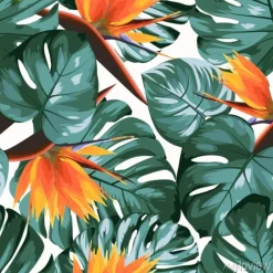 Tapeta: Liście monstery z pomarańczowymi kwiatami