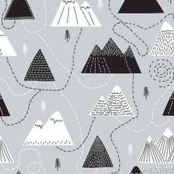 Tapeta: Śliczna ręka rysujący bezszwowy wzór z drzewami i górami. twórczy