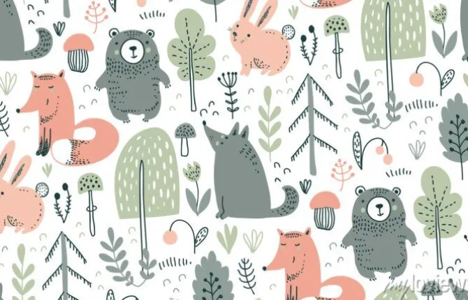 Tapeta: Liski misie i zajączki w lesie