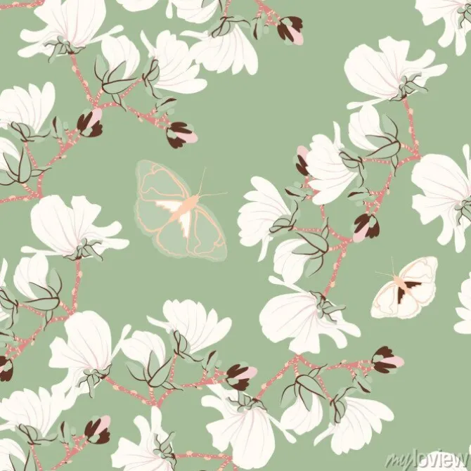 Tapeta: Magnolie kwiatowy wzór bez szwu. orientalne motywy kwitnące botaniczne