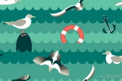 Tapeta: Mewy. bezszwowy wzór z dennymi ptakami w stylu mieszkania. ilustracji