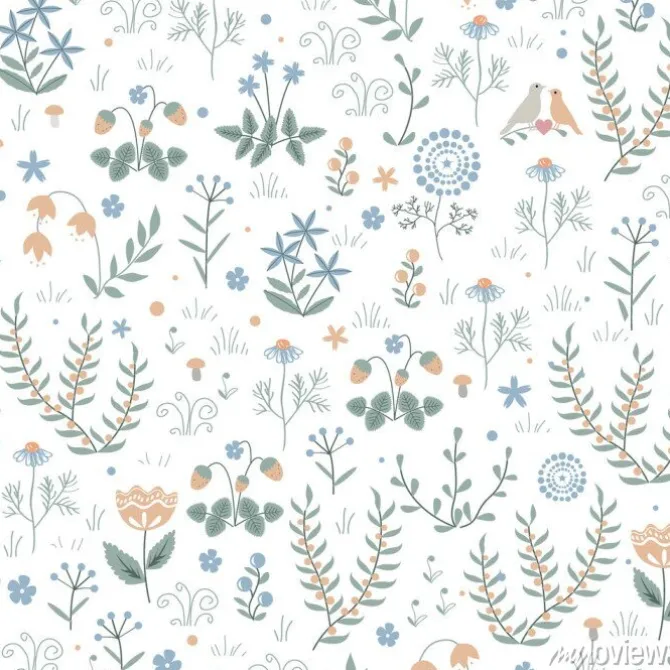 Tapeta: Minimalistyczna ilustracja z łąkowymi roślinami i kwiatami